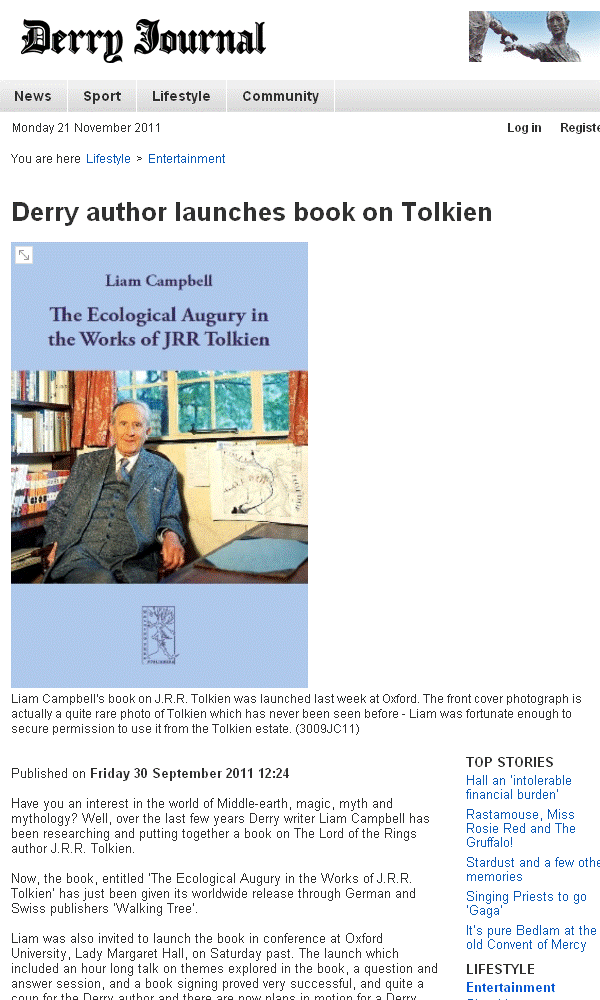 Derry Journal article on Liam Campbell's The Ecological Augury in the Works of JRR Tolkien